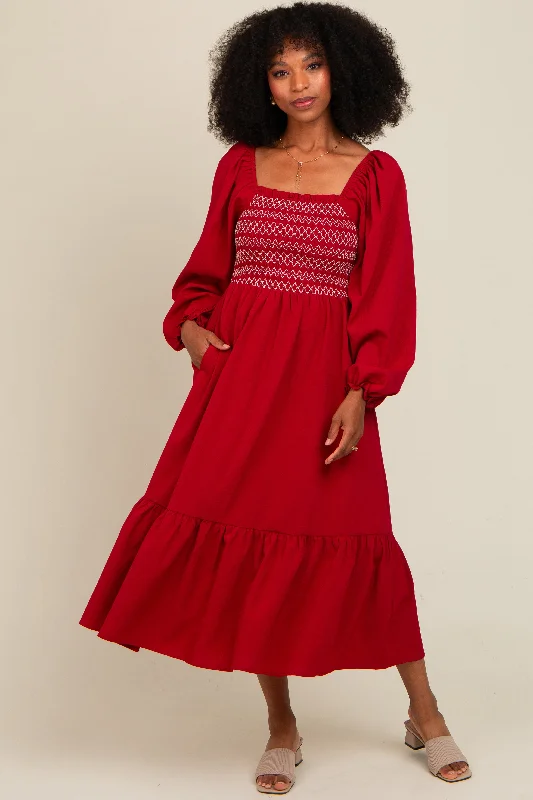 Burgundy Contrast Smocked Balloon Sleeve Midi Dress Trendy Shift Midi Dress