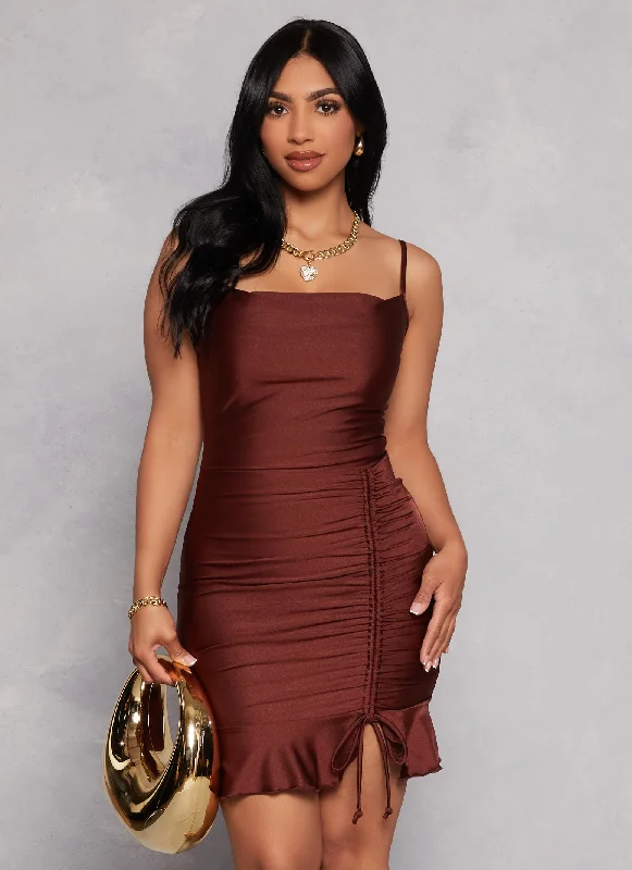 Cowl Neck Ruched Bodycon Mini Dress Trendy Button-Detail Mini Dress