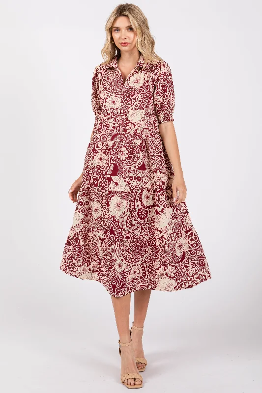 Burgundy Floral Collared Tiered Midi Dress Fashionable A-Line Midi Dress