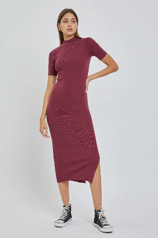 Burgundy Knit Fitted Mock Neck Midi Dress Trendy Fit-and-Flare Midi Dress