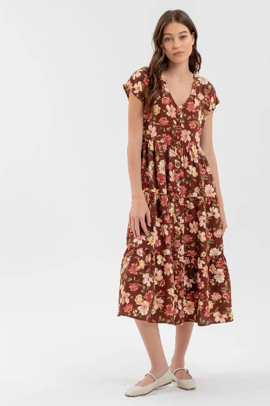 Burgundy Multi Button Down Tiered Floral V Neck Midi Dress Comfortable Stretch Midi Dress