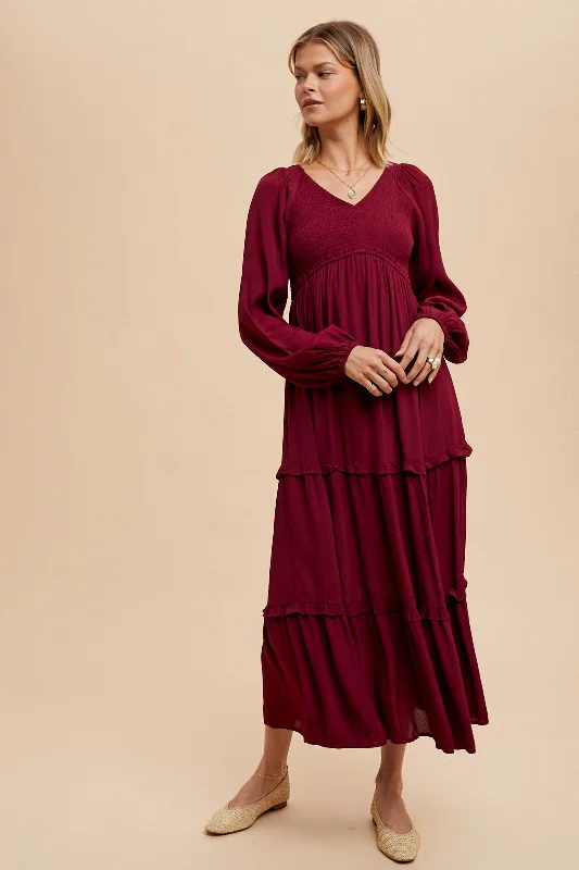 Burgundy Smocked Tiered Midi Dress Stylish Button-Down Midi Dress