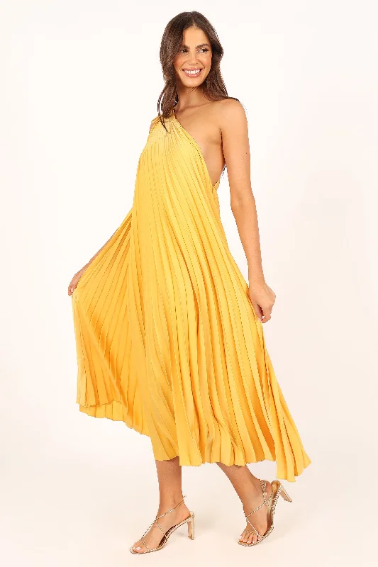 Cali One Shoulder Midi Dress - Saffron Comfortable Fit-and-Flare Midi Dress