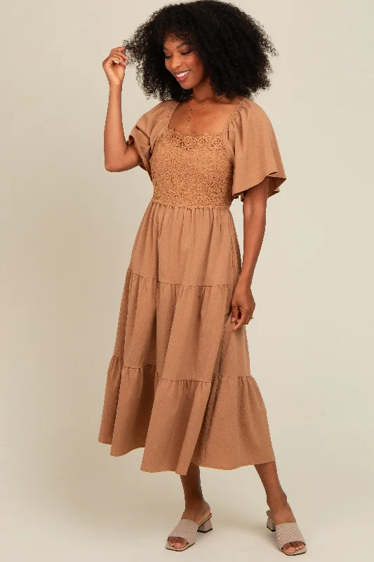 Camel Crochet Tiered Lace Midi Dress Stylish Halter Neck Midi Dress