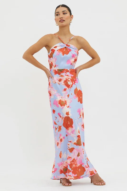 Carter Foldover Neckline Maxi Dress Blue Pink Stylish Maxi Dress with Pleats