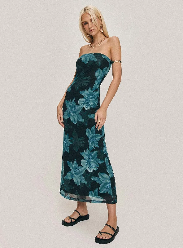 Celik Maxi Dress Black / Blue Floral Trendy Button Front Maxi Dress