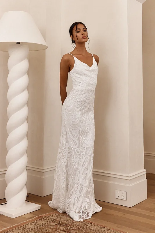 Cezanne Sequin Cowl Neck Maxi Dress White Trendy Fit-and-Flare Maxi Dress