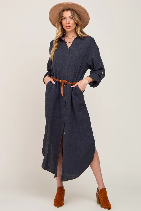 Charcoal Button Down 3/4 Sleeve Midi Dress Comfortable Casual Midi Dress