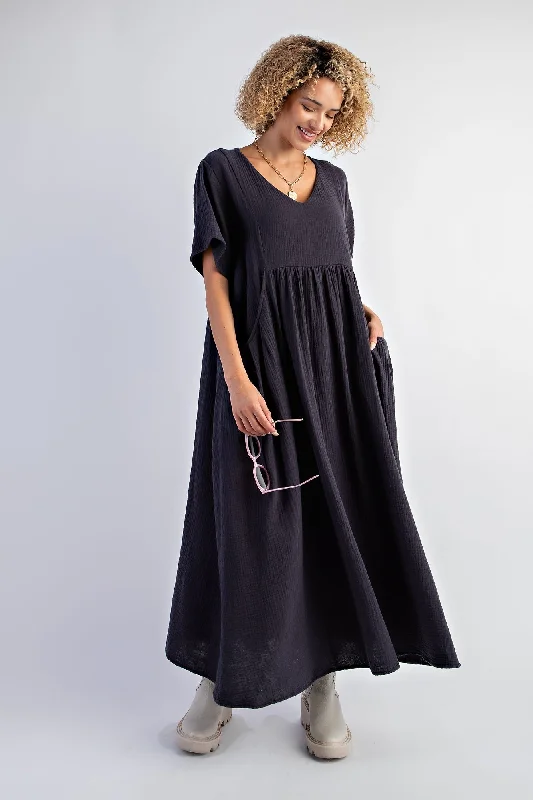 Charcoal Gauze Short Sleeve Midi Dress Elegant Floral Appliqué Midi Dress