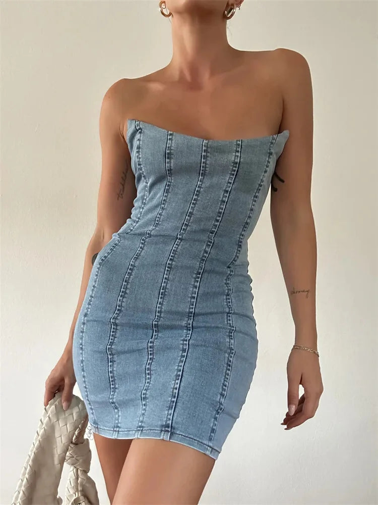 Sexy Denim Off Shoulder Slim Pencil Mini Dresses Elegant Lace Mini Dress