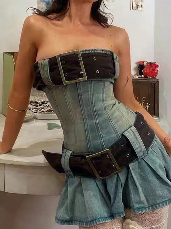 BerryBetty - Chunky Belted Strapless Denim Mini Dress Elegant Tulle Mini Dress