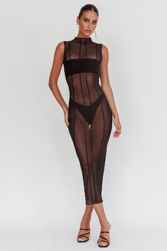 Ciera Sheer Maxi Dress Black Stylish Boho Chic Maxi Dress