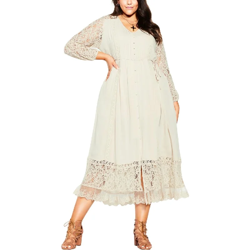 City Chic Womens Plus Lace Inset Long Sleeves Maxi Dress Comfortable Ruffle Hem Maxi Dress