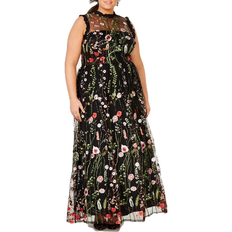 City Studios Womens Plus Embroidered Floral Maxi Dress Fashionable Halter Neck Maxi Dress