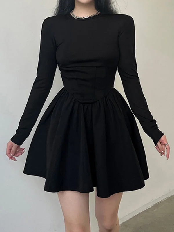 BerryBetty - Corset Detail Black Long Sleeve Mini Dress Chic Mini Dress with V-Neck