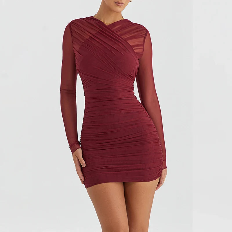 Lace Patchwork Slim Bodycon Autumn Winter Nightclub Sexy Party Mini Dress Fashionable Lace-Trim Mini Dress