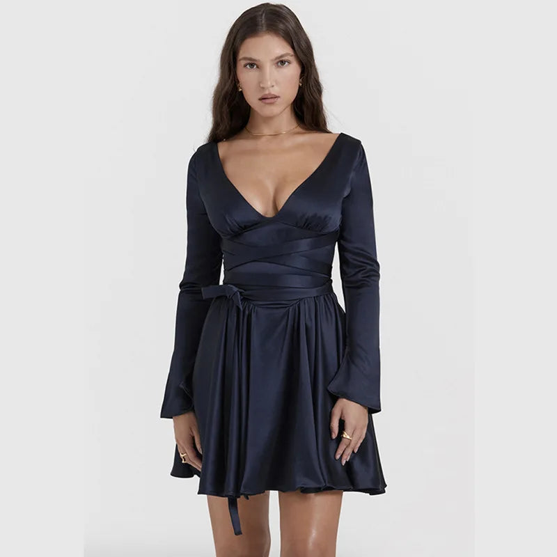 Waist Wrap A-line Bandage Autumn Winter V Neck Backless Nightclub Party Mini Dress Fashionable Denim Mini Dress