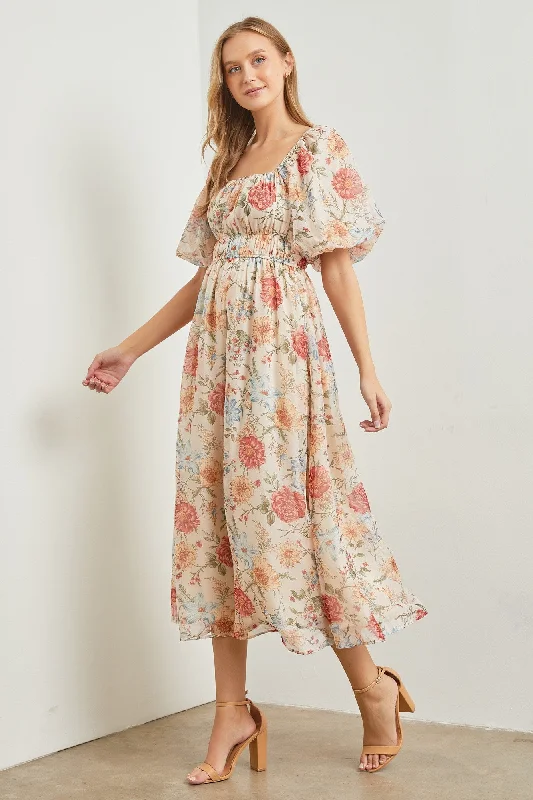 Cream Blue Floral Chiffon Puff Sleeve Midi Dress Stylish Satin Midi Dress