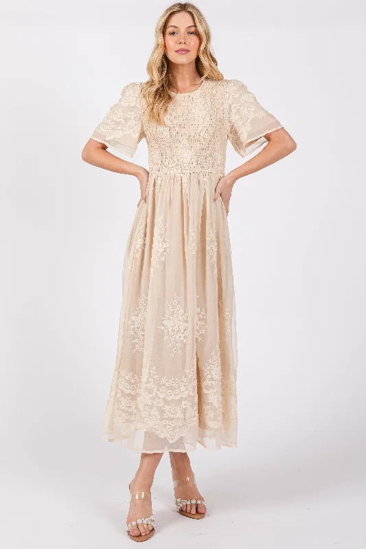 Cream Embroidered Smocked Midi Dress Stylish Halter Neck Midi Dress