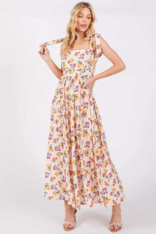 Cream Floral Open Back Midi Dress Stylish Pleated Skirt Midi Dress