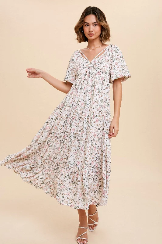 Cream Floral Ruched Strappy V-Neck Front Puff Short Sleeve Midi Dress Fashionable Pencil Midi Dress