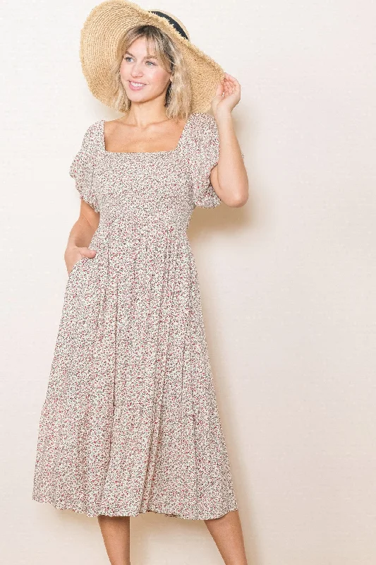 Cream Floral Smocked Midi Dress Comfortable Lace-Up Midi Dress