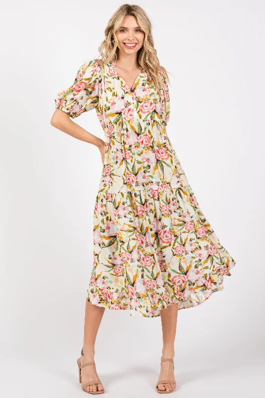 Cream Floral V-Neck Tiered Midi Dress Elegant Maxi-Midi Hybrid Dress