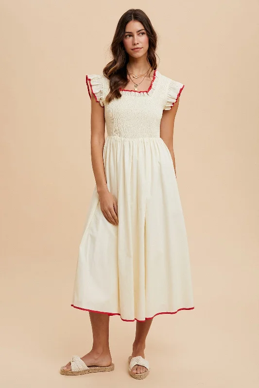 Cream Red Contrast Binding Detail Smocking Midi Dress Cozy Spaghetti Strap Midi Dress