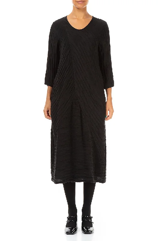 Crinkled Black Silk Linen Midi Dress Trendy Boho Midi Dress