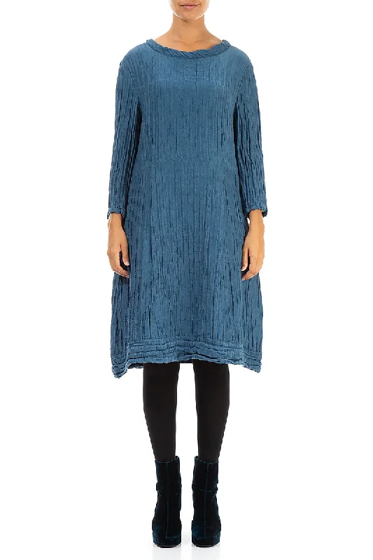 Crinkled Denim Silk Linen Midi Dress Trendy Ruffled Sleeve Midi Dress