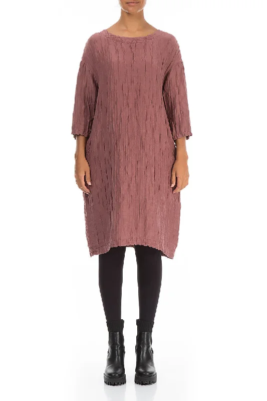 Crinkled Dusty Rose Silk Linen Midi Dress Fashionable Sheer Sleeve Midi Dress