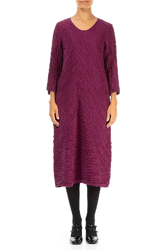 Crinkled Magenta Silk Linen Midi Dress Stylish Pleated Skirt Midi Dress
