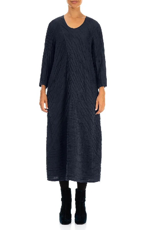 Crinkled Navy Silk Linen Midi Dress Fashionable Pleated Midi Dress