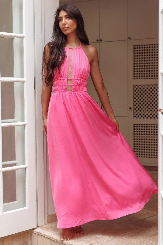 Cyndi Open Back Halterneck Maxi Dress Hot Pink Elegant Velvet Maxi Dress