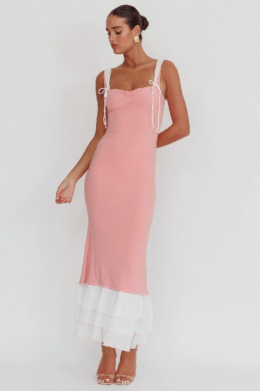 Daydreamers Ruffle Maxi Dress Pink Cozy Knitted Maxi Dress