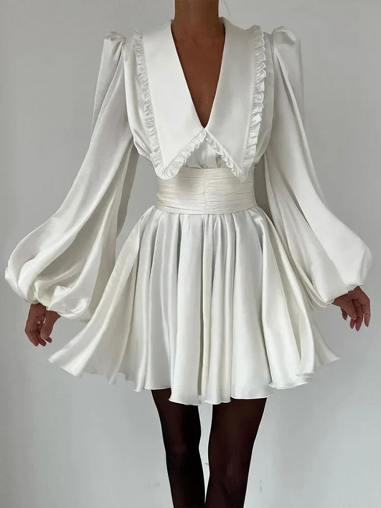 Deep V Neck Folds Ruffles Turn Collar Belt Retro Party Evening Mini Dress Fashionable Button-Front Mini Dress