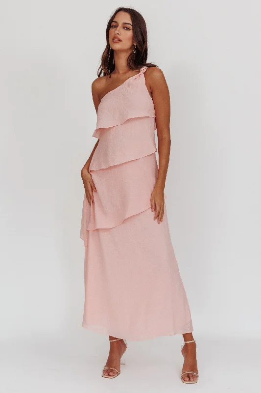 Delwyn One-Shoulder Maxi Dress Baby Pink Stylish Maxi Dress with Pleats