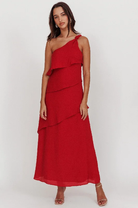 Delwyn One-Shoulder Maxi Dress Red Fashionable Layered Maxi Dress