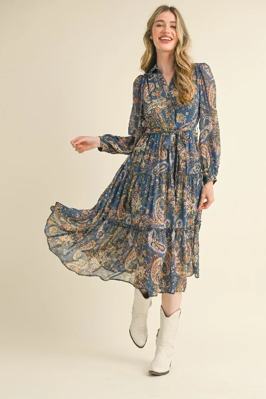 Denim Blue Paisley Print Button Down Midi Dress Stylish Satin Midi Dress