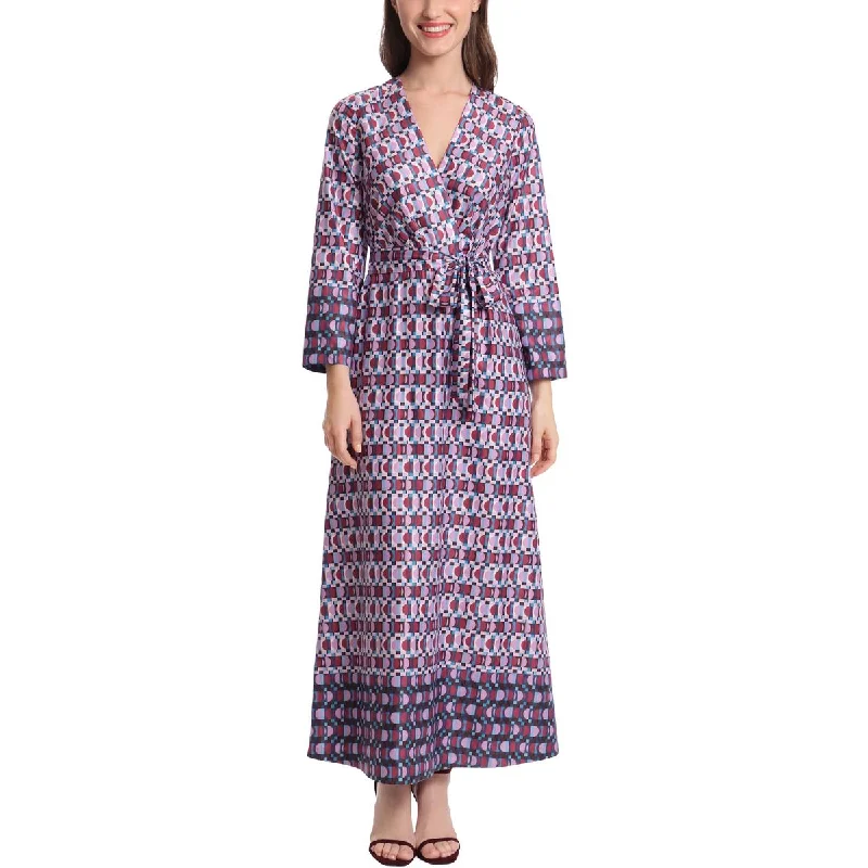 Donna Morgan Womens Faux Wrap Printed Maxi Dress Comfortable Maxi Dress with Sleeves