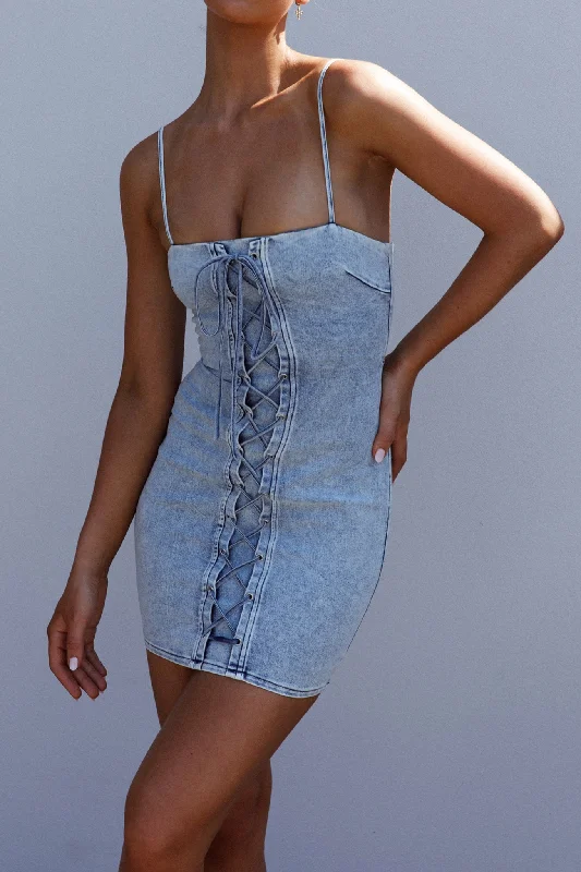 Don't Try Me Lace Up Mini Dress Denim Cozy Knit Mini Dress