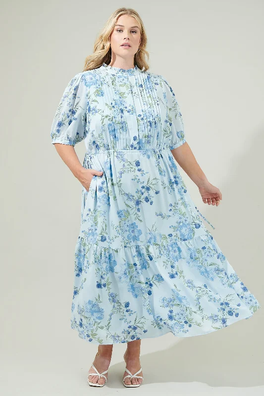 Dusty Floss Floral Pleated Midi Dress Curve Stylish Cold Shoulder Midi Dress
