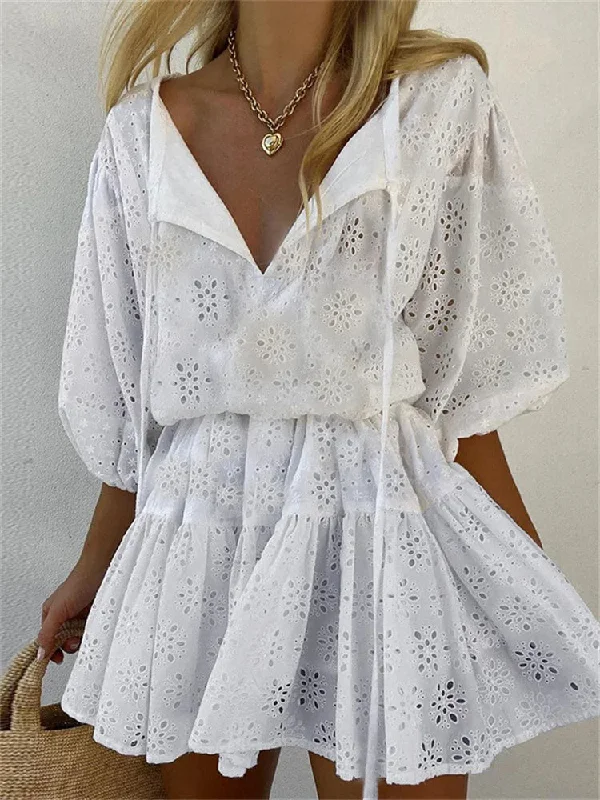 Elegant Lace Floral V-neck Mini Dresses Fashionable Summer Mini Dress