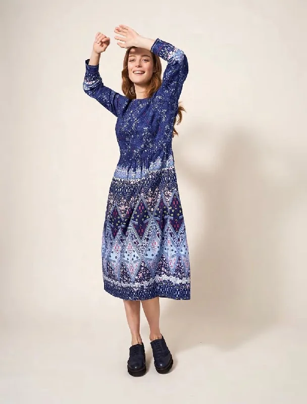 Elisa Midi Dress - Navy Multi Trendy Off-Shoulder Ruffle Midi Dress