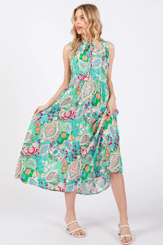 Emerald Green Floral Paisley Mock Neck Midi Dress Fashionable Plaid Midi Dress