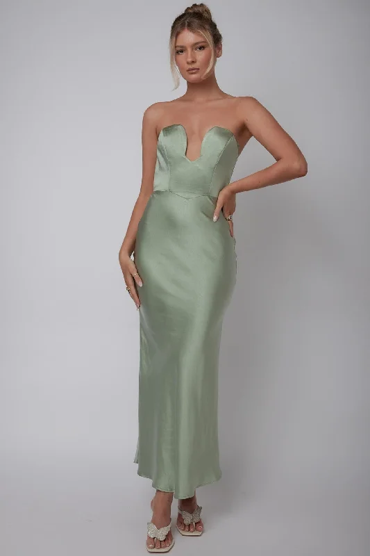 Encore Strapless Satin Maxi Dress Olive Elegant Wraparound Maxi Dress
