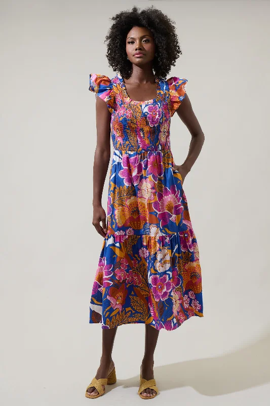 Eveline Floral Giza Glare Smock Tiered Midi Dress Stylish Tiered Midi Dress