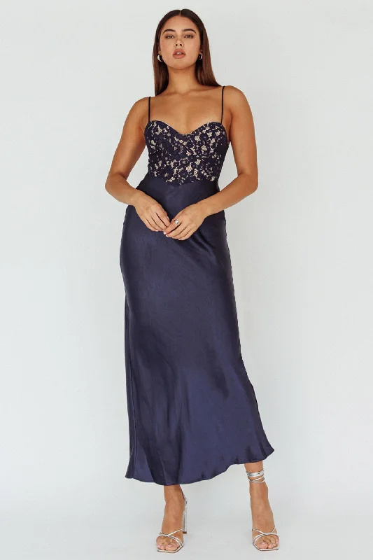 Evening Star Lace Bodice Maxi Dress Navy Fashionable High-Waist Maxi Dress