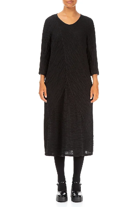 Evergreen Crinkled Black Silk Midi Dress Fashionable One-Shoulder Midi Dress