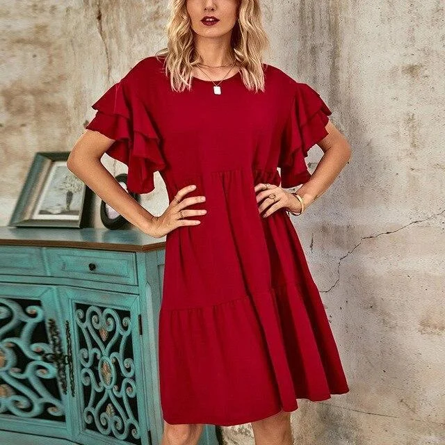 FashionSierra - Fashion Casual Solid Color Round Neck Ruffled Butterfly Sleeve Women Dress Summer Dress Loose Mini Dress Women Trendy Cut-Out Mini Dress